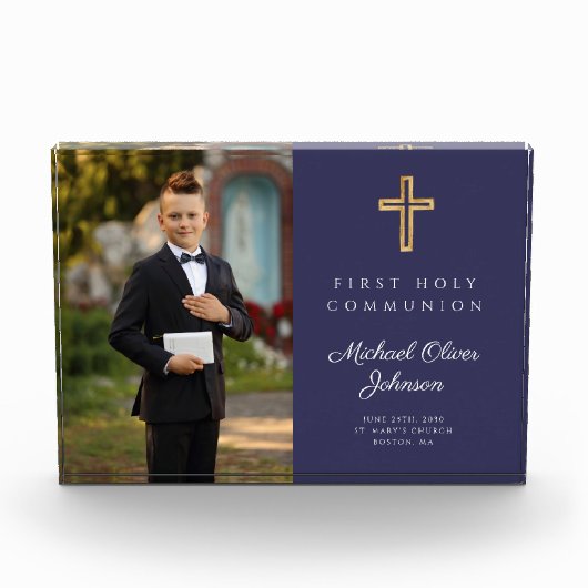 ネイビーモダンブルーファースト聖餐式ボーイ写真 フォトブロック (正面)
