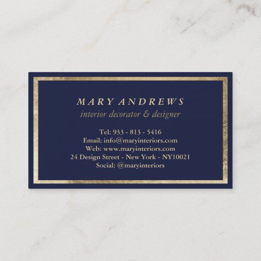 ネイビーモダンブルーフェイク金ゴールドインテリア設計者 名刺 (裏面)