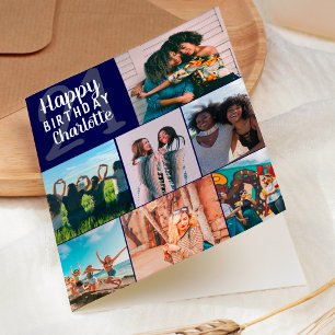 ネイビーモダンブルーフォトコラージグリッド21誕生日 カード