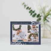 ネイビーモダンブルーフォトコラージメリークリスマス ポストカード (スタンド正面)