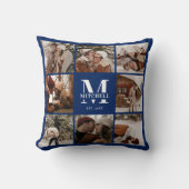 ネイビーモダンブルーフォトコラージュパーソナライズされた クッション (正面)