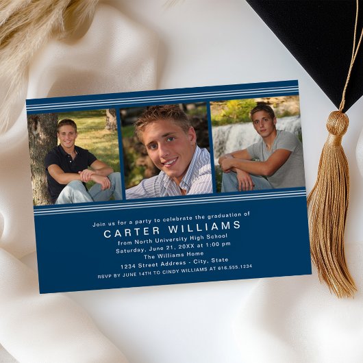 ネイビーモダンブルーフォトコラージュ卒業パーティー 招待状