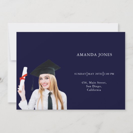 ネイビーモダンブルーフォトコラージュ卒業 案内状 (裏面)