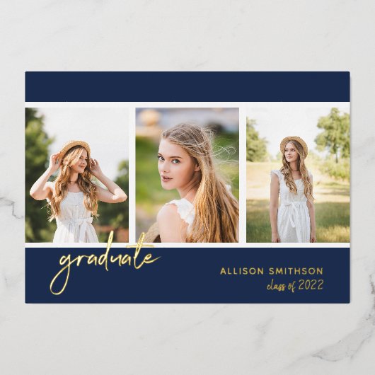 ネイビーモダンブルーフォトコラージュ卒業 箔招待状 (正面)