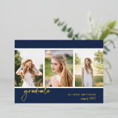 ネイビーモダンブルーフォトコラージュ卒業 箔招待状 (立ち正面)