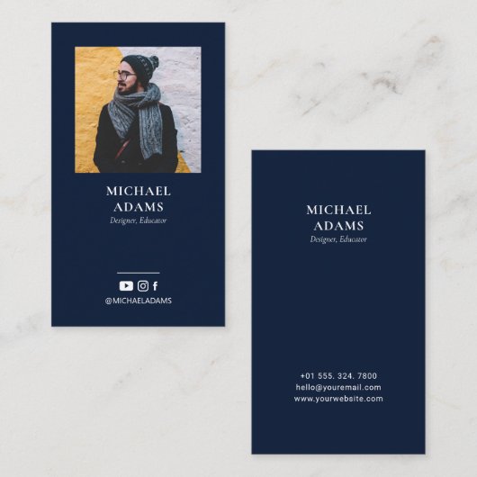 ネイビーモダンブルーフォトソーシャルメディアの名刺 名刺 (正面/裏面)