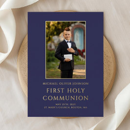 ネイビーモダンブルーフォトボーイファースト通信金ゴールド 箔招待状