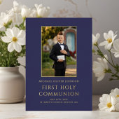 ネイビーモダンブルーフォトボーイファースト通信金ゴールド 箔招待状