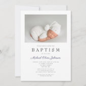 ネイビーモダンブルーフォトボーイ洗礼 招待状 (正面)