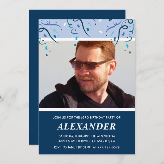 ネイビーモダンブルーフォトマン63歳の誕生日 招待状 (正面/裏面)