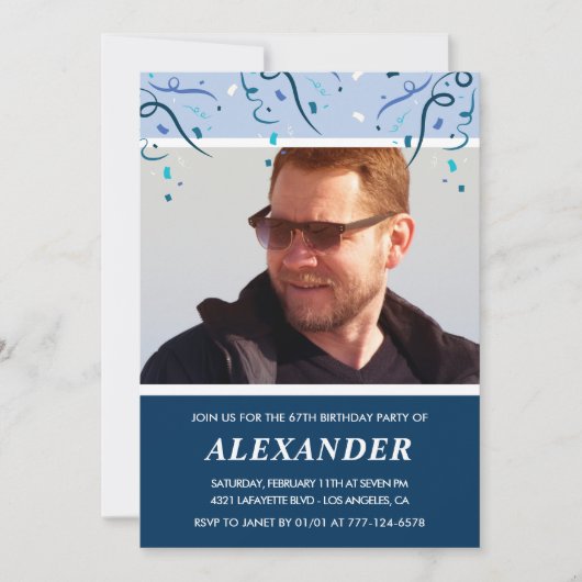 ネイビーモダンブルーフォトマン67歳の誕生日 招待状 (正面)