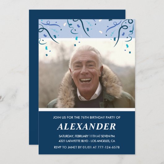ネイビーモダンブルーフォトマン76歳の誕生日 招待状 (正面/裏面)