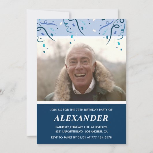 ネイビーモダンブルーフォトマン78歳の誕生日 招待状 (正面)