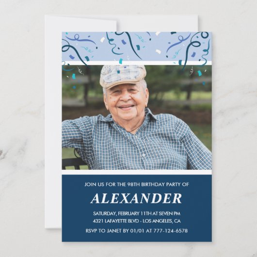 ネイビーモダンブルーフォトマン98歳の誕生日 招待状 (正面)