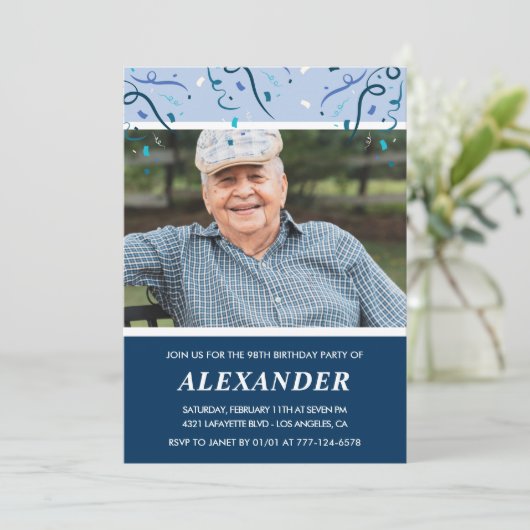 ネイビーモダンブルーフォトマン98歳の誕生日 招待状 (スタンド正面)