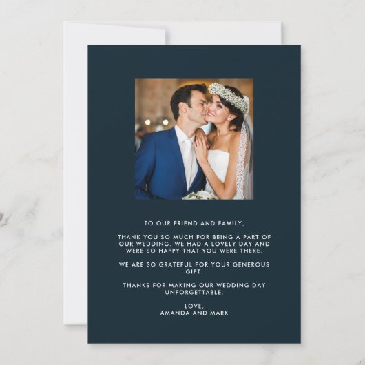 ネイビーモダンブルーフォト結婚のサンキューカード サンキューカード (裏面)