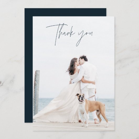 ネイビーモダンブルーフォト結婚のサンキューカード サンキューカード (正面/裏面)