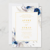 ネイビーモダンブルーフラワー&イエロー結婚ズ 招待状 (正面)