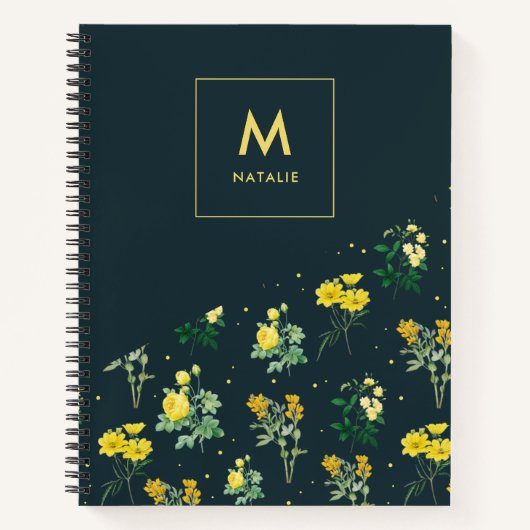 ネイビーモダンブルーフローラルパターンモノグラム ノートブック (正面)