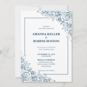 ネイビーモダンブルーフローラ結婚式招待状 招待状 (正面)