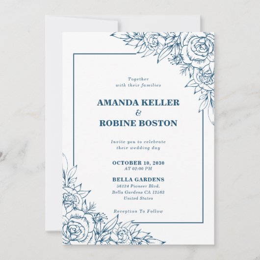 ネイビーモダンブルーフローラ結婚式招待状 招待状 (正面)