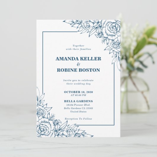 ネイビーモダンブルーフローラ結婚式招待状 招待状 (スタンド正面)