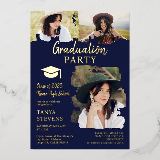 ネイビーモダンブルーブラッシュストローク3枚の写真卒業 箔招待状 (正面)