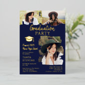 ネイビーモダンブルーブラッシュストローク3枚の写真卒業 箔招待状 (立ち正面)