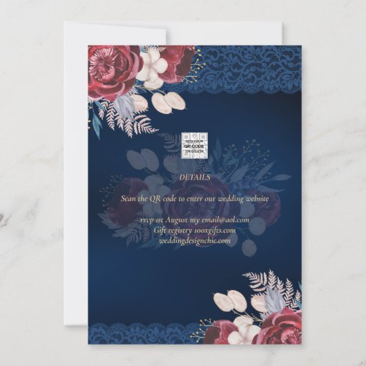 ネイビーモダンブルーブルゴーニュフローラレース結婚ズ 招待状 (裏面)