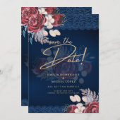 ネイビーモダンブルーブルゴーニュフローラレース結婚ズ 招待状 (正面/裏面)