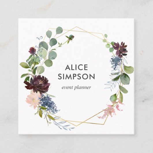 ネイビーモダンブルーブルゴーニュフローラ幾何学模様 スクエア名刺 (正面)