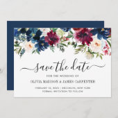 ネイビーモダンブルーブルゴーニュレッドピーニー結婚ズ セーブザデート (正面/裏面)