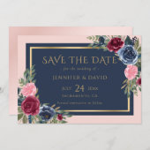 ネイビーモダンブルーブルゴーニュ赤面金ゴールドフローラ セーブザデート (正面/裏面)