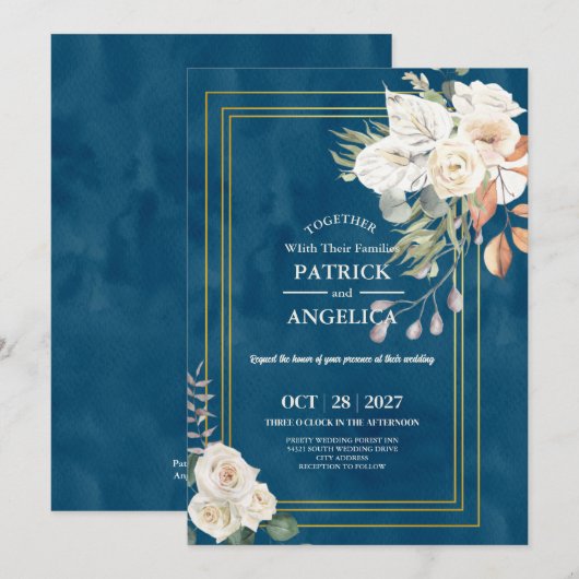 ネイビーモダンブルーブルゴーニュ金ゴールド赤面ピンク結婚ズ 招待状 (正面/裏面)