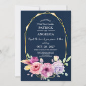 ネイビーモダンブルーブルゴーニュ金ゴールド赤面ピンク結婚ズ 招待状 (正面)