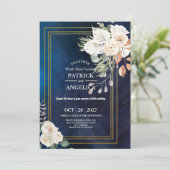 ネイビーモダンブルーブルゴーニュ金ゴールド赤面ピンク結婚ズ 招待状 (スタンド正面)