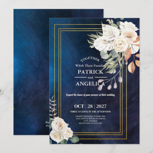 ネイビーモダンブルーブルゴーニュ金ゴールド赤面ピンク結婚ズ 招待状 (正面/裏面)