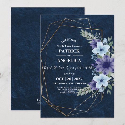 ネイビーモダンブルーブルゴーニュ金ゴールド赤面ピンク結婚ズ 招待状 (正面/裏面)
