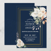 ネイビーモダンブルーブルゴーニュ金ゴールド赤面ピンク結婚ズ 招待状 (正面/裏面)