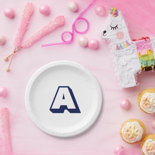 ネイビーモダンブルーホワイトカスタムイニシャルモノグラム ペーパープレート (パーティー)