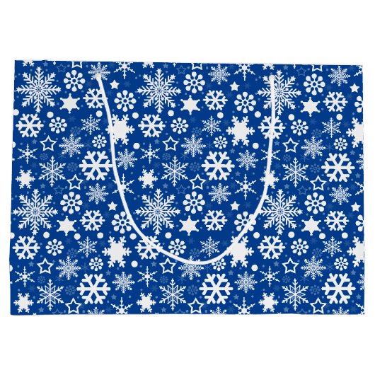 ネイビーモダンブルーホワイトクリスマススノーフレーク ラージペーパーバッグ (裏面)