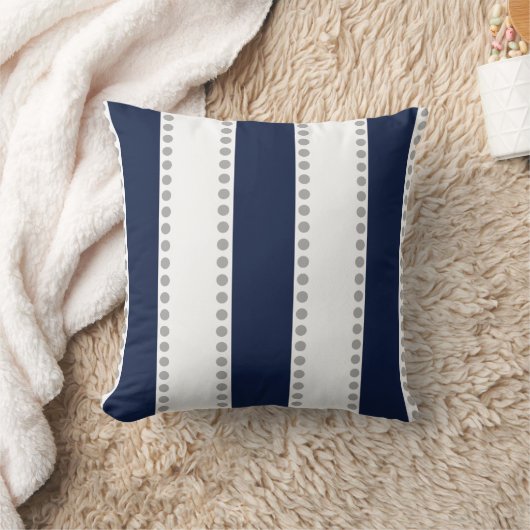 ネイビーモダンブルーホワイトグレー水玉模様ストライプズ | クッション (ブランケット)