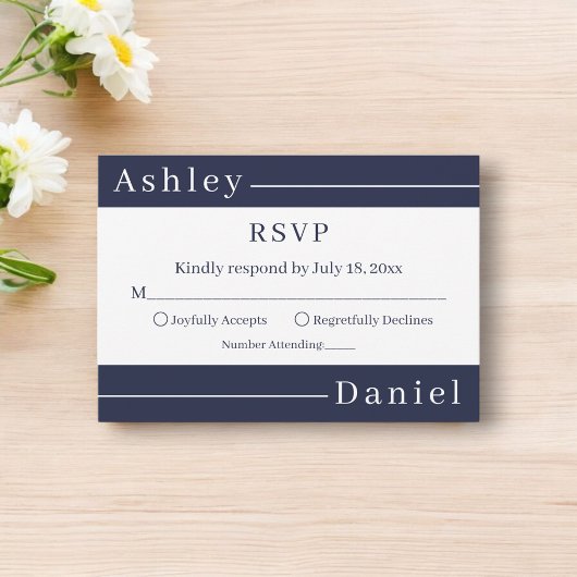 ネイビーモダンブルーホワイトストライプウェディング 出欠カード