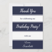 ネイビーモダンブルーホワイトストライプ誕生日 サンキューカード (正面)