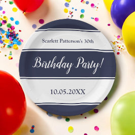 ネイビーモダンブルーホワイトストライプ誕生日 ペーパープレート