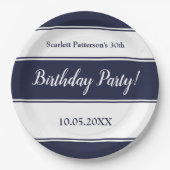 ネイビーモダンブルーホワイトストライプ誕生日 ペーパープレート (正面)