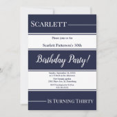 ネイビーモダンブルーホワイトストライプ誕生日 招待状 (正面)