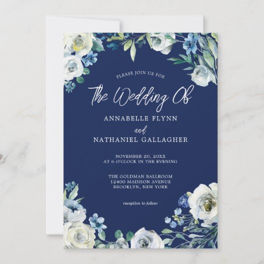 ネイビーモダンブルーホワイトフローラ冬の結婚式 招待状 (正面)