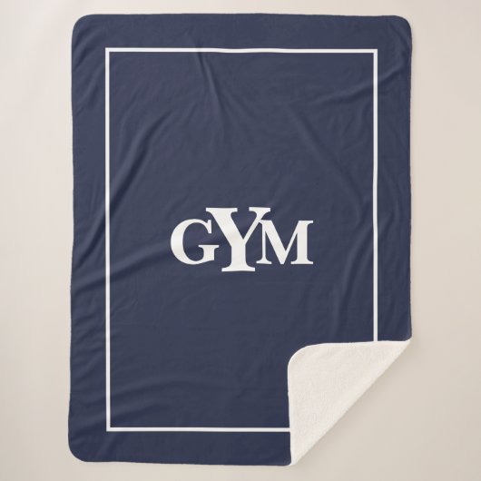 ネイビーモダンブルーホワイト枠ブロックモノグラム シェルパブランケット (正面)