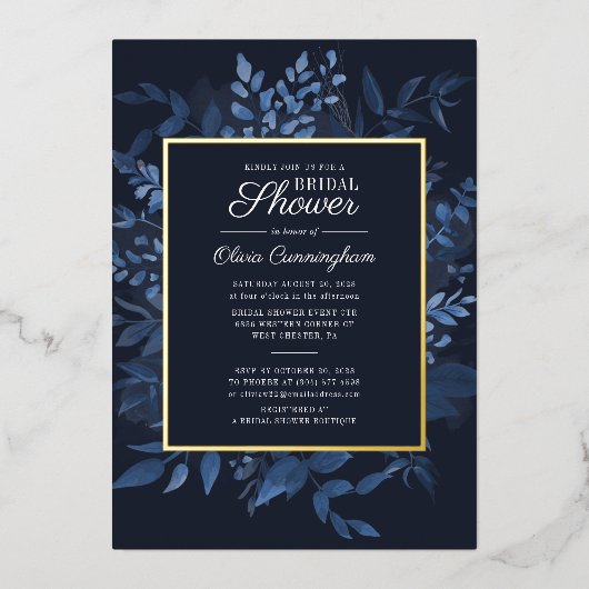 ネイビーモダンブルーボタニカルリーフブライダルシャワー 箔招待状 (正面)